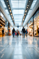 Defocused shopping mall with people walking in bright hallway for virtual backdrop