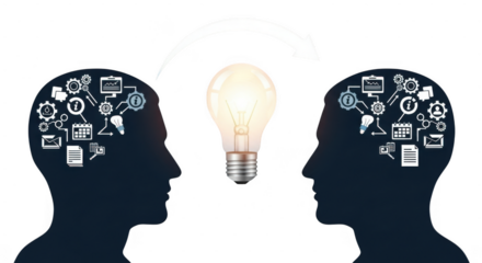 Two silhouetted heads with creative icons and light bulb representing idea and innovation, isolated on transparent background