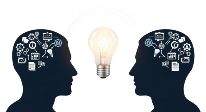 Two silhouetted heads with creative icons and light bulb representing idea and innovation, isolated on transparent background