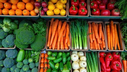 Farmers Market Overhead View Produce Selection Overhead view of a farmers market table with a diverse and colorful array of fresh fruits and vegetables, no people, bright lighting, vibrant colors