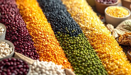 Vibrant assortment of colorful dried beans, lentils, and legumes in diagonal rows