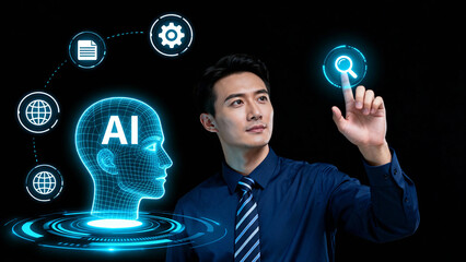 Man interacting with AI interface, showcasing digital head and technology icons in a futuristic setting