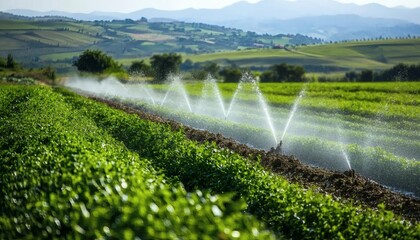 Irrigation system watering a vibrant green field in a picturesque landscape