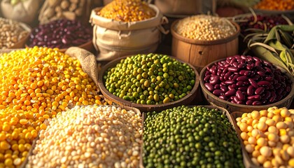 Vibrant display of various dried beans, lentils, and grains in wooden bowls and burlap sacks at a market