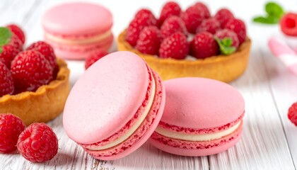 Pink macarons and raspberry tarts on a white wooden surface
