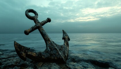 Fototapeta premium Rusty anchor on dark rocks near calm sea under a cloudy sky