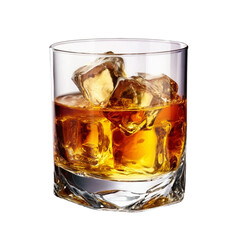 Crystal glass filled with amber whiskey and ice cubes refined drink photography