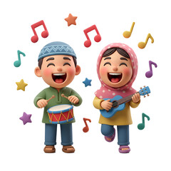 3D clay-style illustration of two cheerful Muslim kids playing music with drums and guitar, colorful notes floating around, joyful mood.