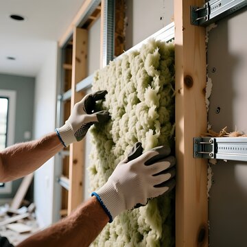 Close-up of the construction site filling insulation and sound insulation (mineral wool, etc.) in the gaps in the wall