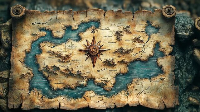 Ancient treasure map with compass on rocky background