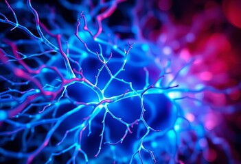 Close-up of intricate neural pathways, glowing bright blue, neurons, intelligence