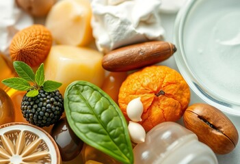 Close-up of various natural skincare ingredients,   raw,   sustainable