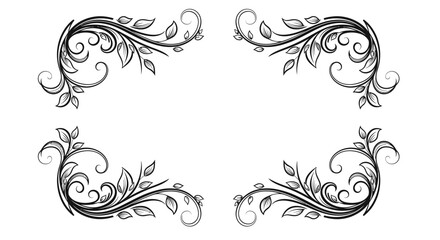 Fototapeta premium Elegant Black and White Corner Floral Flourishes with Scrolls and Leaves for Decorative Frame on Isolated White Background