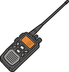 Illustration of a black walkie-talkie with an extended antenna. It features a small orange screen and various buttons, set against a plain white background.