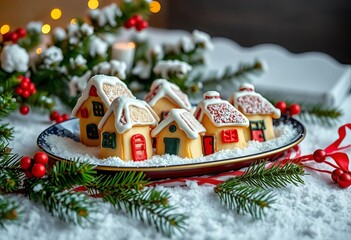 Cozy winter scene featuring a plate of iced sugar cookies shaped like houses, snow, and evergreen sprigs,  holiday baking,  dessert