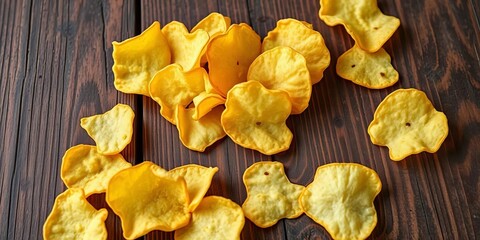 Crispy golden potato chips scattered on a rustic wooden surface, snack, gastronomy