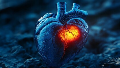 Glowing heart on dark rocks, blue and orange hues