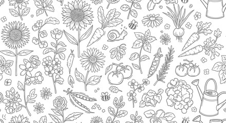 Fototapeta premium Whimsical Seamless Garden Pattern with Outline Vegetables and Flowers on Isolated White Background