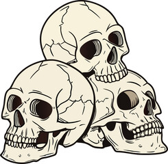 Illustration of three human skulls stacked together. Each skull shows detailed cracks, deep eye sockets, and grinning teeth, conveying a macabre tone.