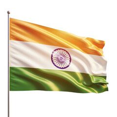 The national flag of india, a tricolor with saffron, white, and green horizontal stripes and a navy blue ashoka chakra in the center, isolated on transparent background