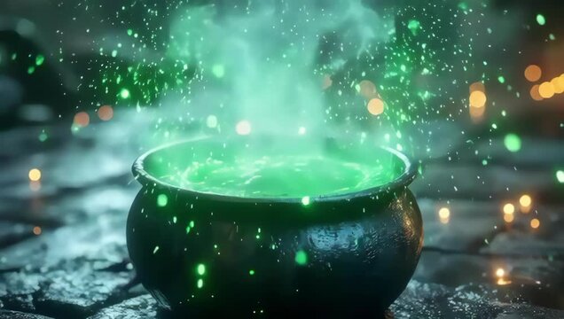 A bubbling cauldron overflowing with glowing green liquid, emitting magical particles.