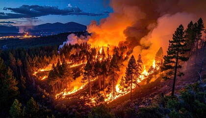 Vast Forest Fire Engulfs Hillside at Dusk Emitting Thick Smoke and Intense Flames Under Dramatic Evening Sky