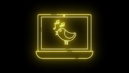 Glowing yellow laptop with a singing bird musical notes on the screen outlined in neon yellow - Powered by Adobe