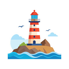 Coastal Lighthouse with Red and White Stripes on Rocky Island