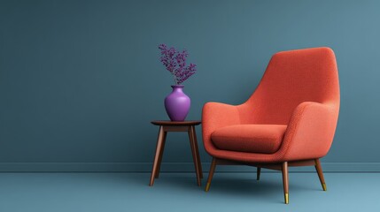 Obraz premium Cozy Living Room Scene Featuring a Stylish Orange Armchair and a Vibrant Purple Vase Set Against a Minimalist Blue Wall for Modern Home Decor Inspiration