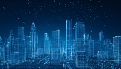 Wireframe cityscape at night: futuristic digital metropolis