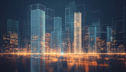 Futuristic city skyline depicted in a wireframe style with warm light accents