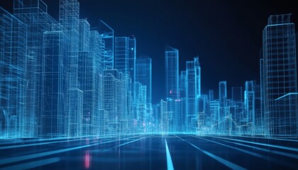 Fototapeta premium Futuristic wireframe city at night with glowing roads