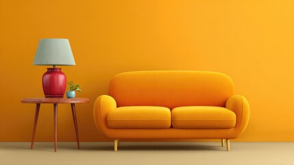 Bright and Cheerful Living Room with Yellow Sofa and Colorful Lamp on Wooden Table Against Vibrant Orange Wall in Modern Design Aesthetic