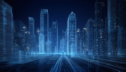 Futuristic cityscape at night, digital wireframe buildings