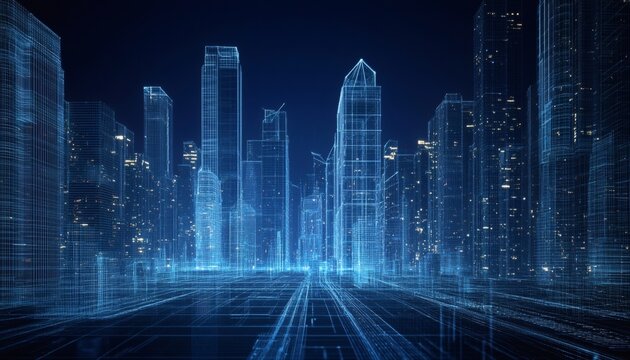 Futuristic cityscape at night, digital wireframe buildings