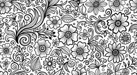 Seamless Organic Hand Drawn Floral Doodle Pattern with Intricate Swirls and Leaves