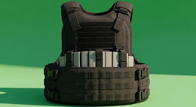 Tactical Vest with Ammunition on Green Backdrop, Military Gear Still Life - Powered by Adobe