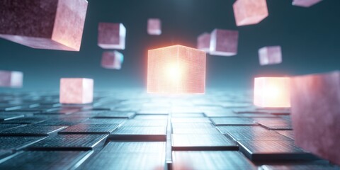 Premium Quantum Computing Server Room with Glowing Qubit Cubes in Futuristic Analytics Grid for Modern Tech Business Advertising Campaigns