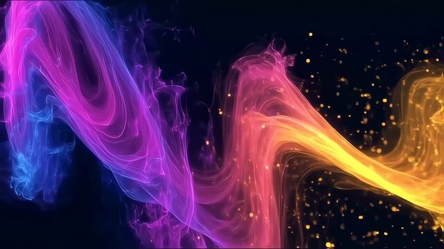 Abstract swirling lines of vibrant colors, interspersed with glittering particles