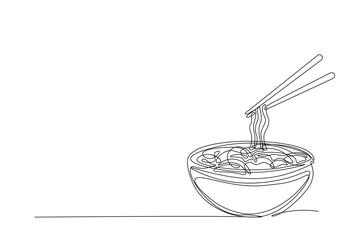 noodles or ramen in the bowl in continuous one line drawing. Single line art illustration of mie ramen in the bowl.