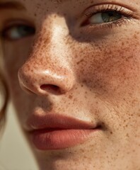 Fototapeta premium Authentic Close-Up Portrait of Young Woman with Glowing Freckled Skin in Natural Sunlight Premium Beauty Content for Lifestyle Marketing and Social Media