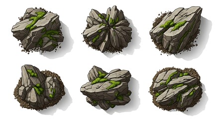 Cartoon rocks with green moss isolated on white background