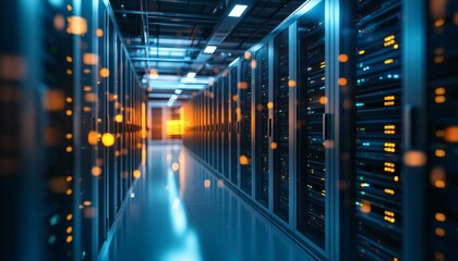 A long corridor of server racks in a modern data center
