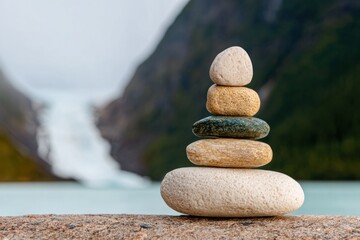 Premium Zen Stack of Smooth River Stones with Waterfall Background Modern Calm Meditation Content for Lifestyle Marketing and Social Media Campaigns