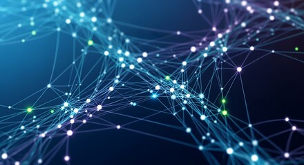 Abstract interconnected network with glowing nodes and lines on a deep blue background. Concept for data visualization, science connection and future technology innovations