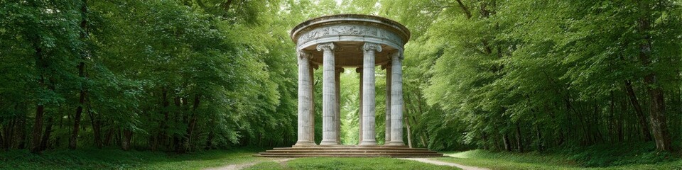 Naklejka premium Timeless Mountain Temple with Classical Columns in Lush Park Setting Premium Authentic Architecture for Tourism, Education, and Cultural Marketing Campaigns