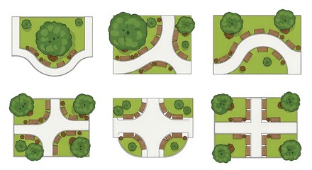 Overhead garden park plans with pathways and trees design