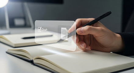 Hand holding pen interacting with digital checklist on notebook