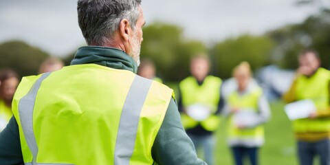 Naklejka premium Modern Professional Fire Warden Leading Outdoor Emergency Drill Authentic Workplace Safety Training for Corporate Recruitment and Team Preparedness