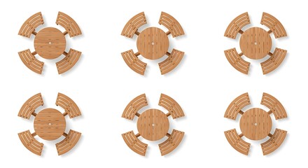 Obraz premium Overhead view of six circular wooden tables and benches